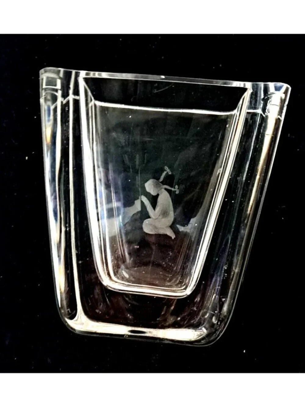 Vintage Skruf Sweden MCM Art Glass Lead Crystal Etched Vase Praying Girl Signed